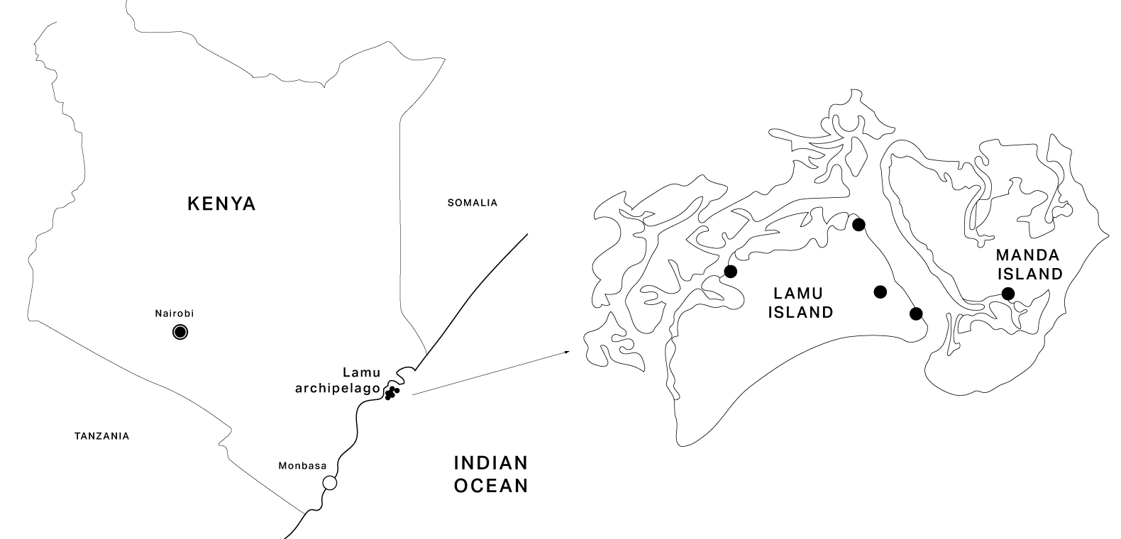 situation de l'archipel de Lamu sur la côte nord du Kenya non loin de la frontière somalienne