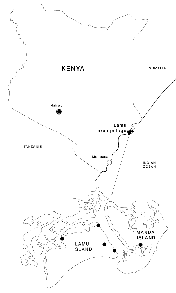 situation geographique de l'archipel de Lamu dans l'océan Indien, au nord de la côté kenyane proche de la frontière somalienne